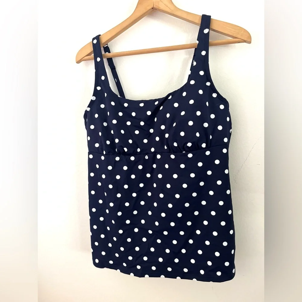 Lands End Tankini Swimsuit Top Navy and White Polka Women Size 14 w/ Underwire